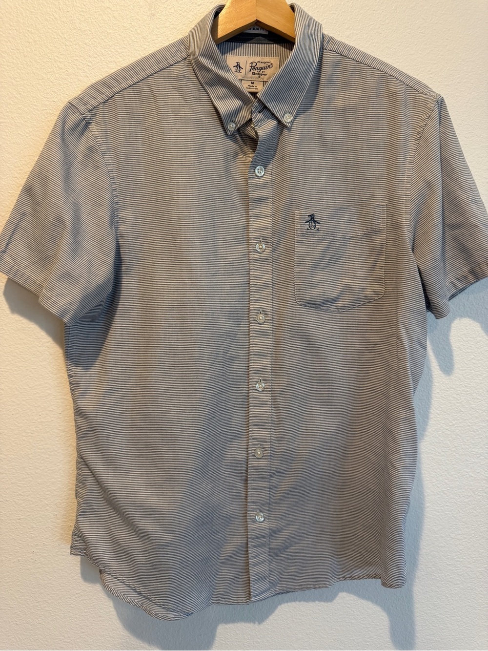 Original Penguin Men’s Short Sleeve Button-Down Shirt in Light Blue